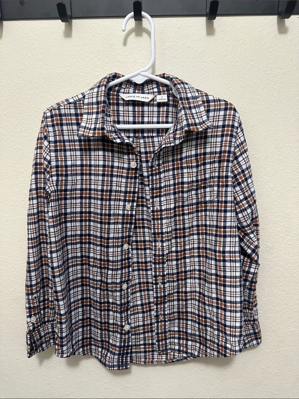 Janie and Jack Plaid Button-Down Shirt in Navy, Brown, and White